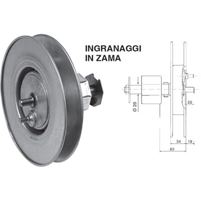 Riduttore Italia cod RI21LO portata kg 40 rapporto 1:2,5 puleggia rinforzata Ø 21 per rullo ottagonale Ø 60